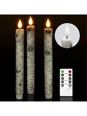 Flameless Taper Candles Remote Timer Birch Bark LED Battery Flickering 3 Pack